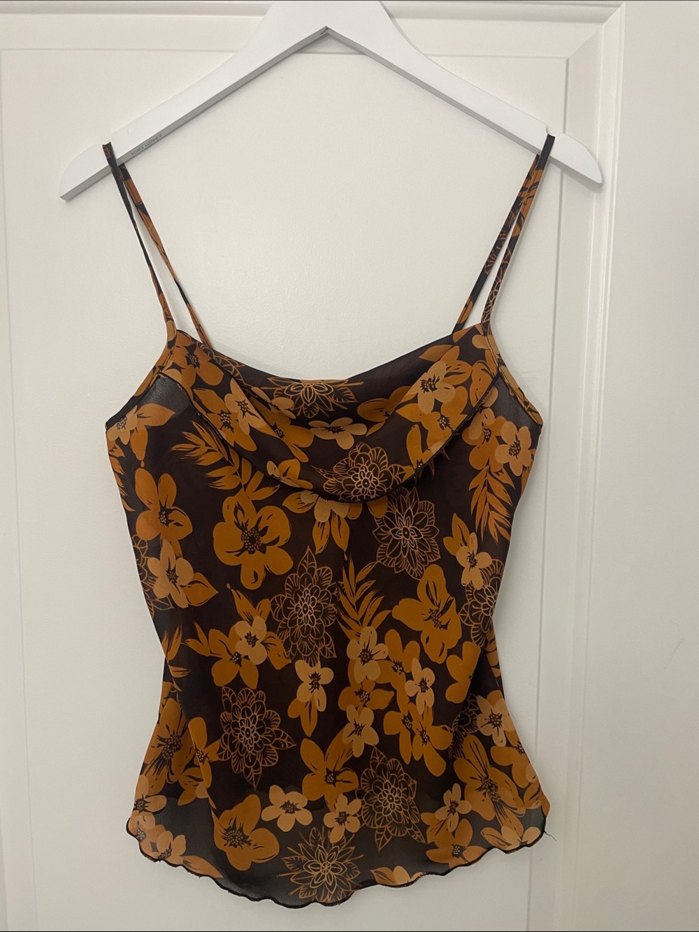Floral Cowl Neck Spaghetti Strap Top in Brown/Gold